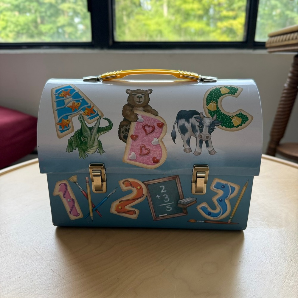 Vintage ABC 123 School Cookie Metal Lunch Box Tin with Metal Cookie Cutters Lot